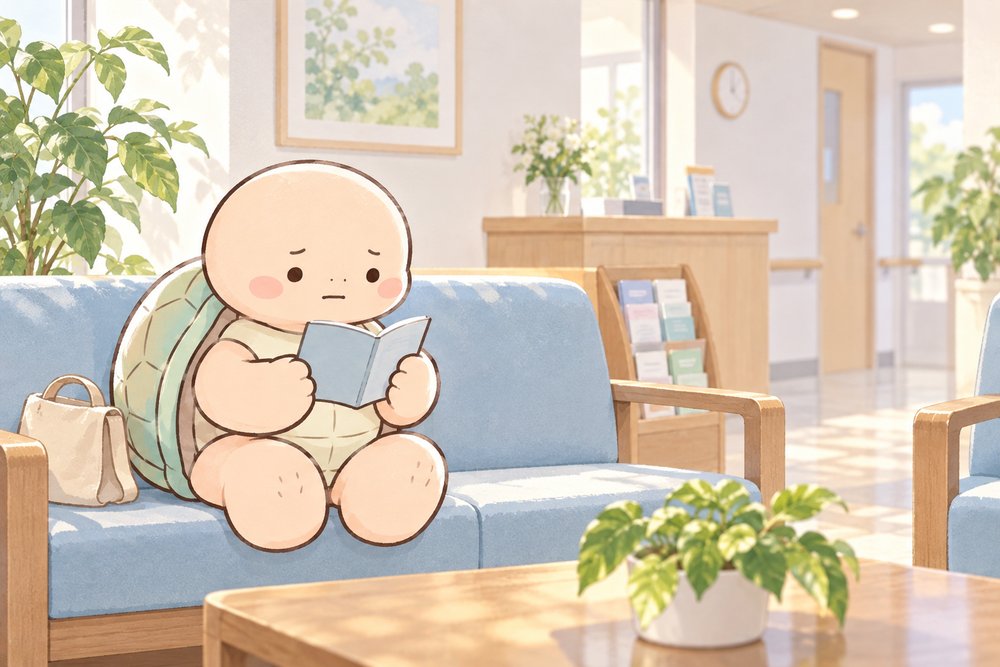 待合室でお薬手帳を確かめる亀のナビ助