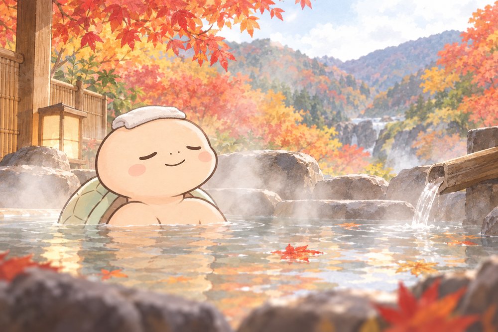 紅葉の露天風呂でじんわり温まる亀のナビ助