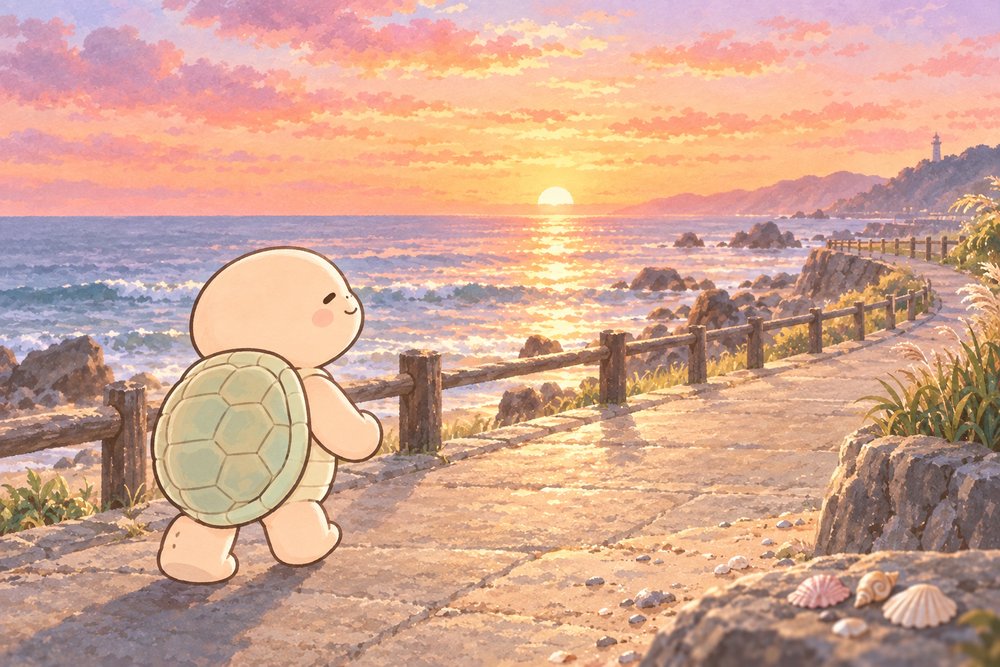 朝焼けの海辺をゆっくり歩く亀のナビ助