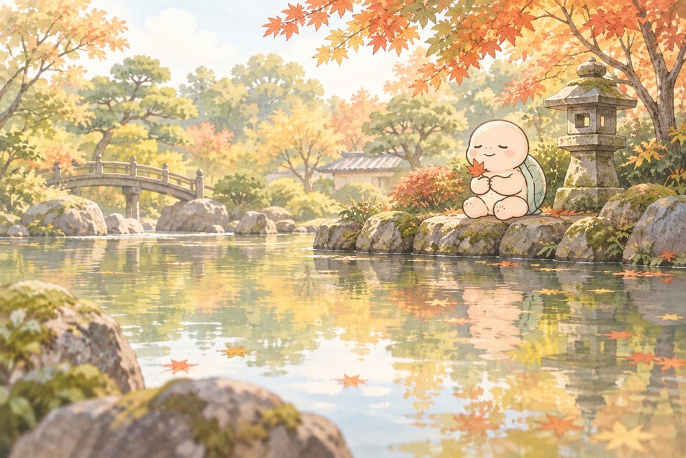 秋の庭園でもみじを手に季節の移ろいを感じる亀のナビ助