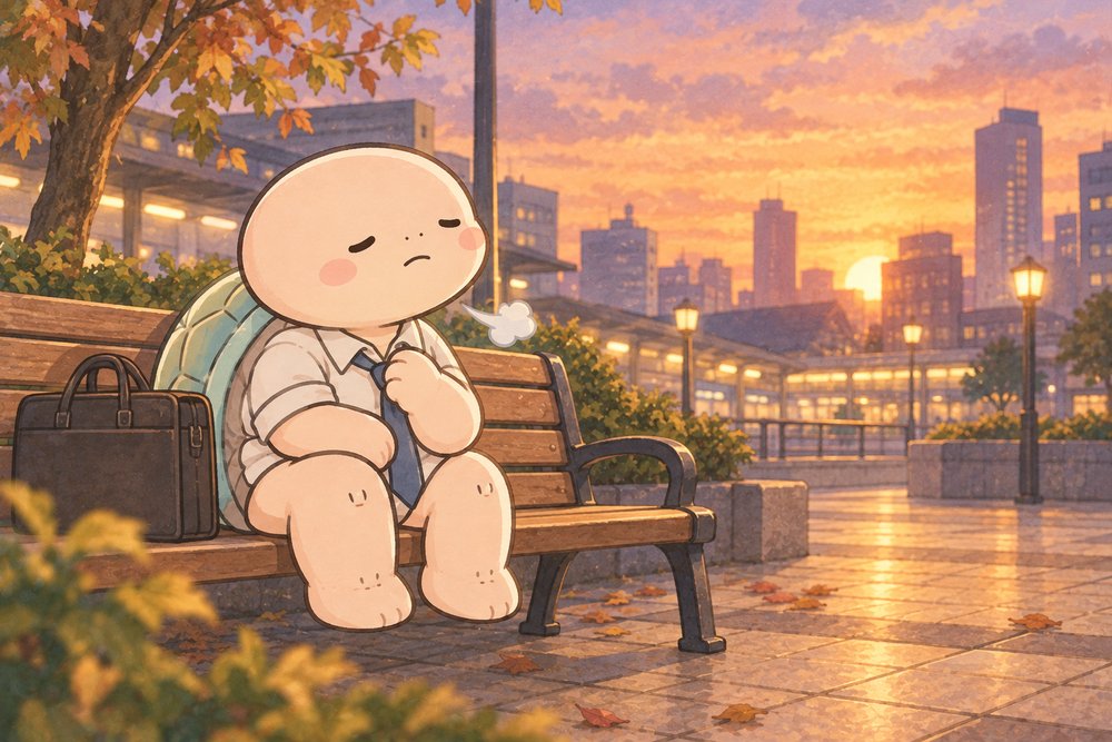 夕暮れの駅前ベンチでため息をつく亀のナビ助