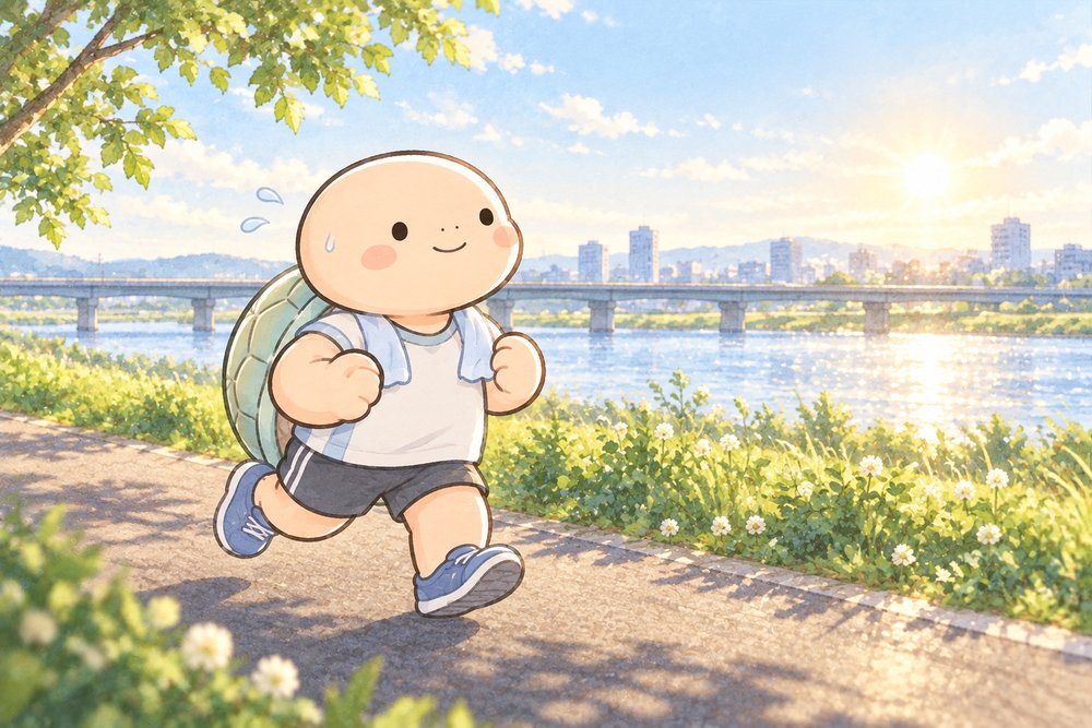 朝の河川敷を軽くジョギングする亀のナビ助