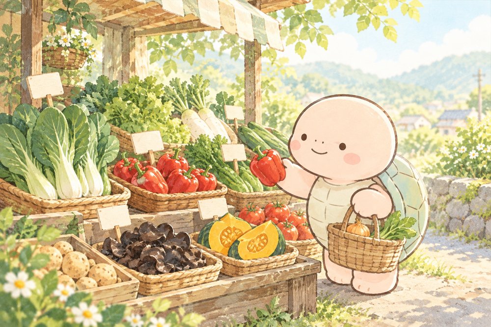 朝市で色とりどりの食材を選ぶ亀のナビ助