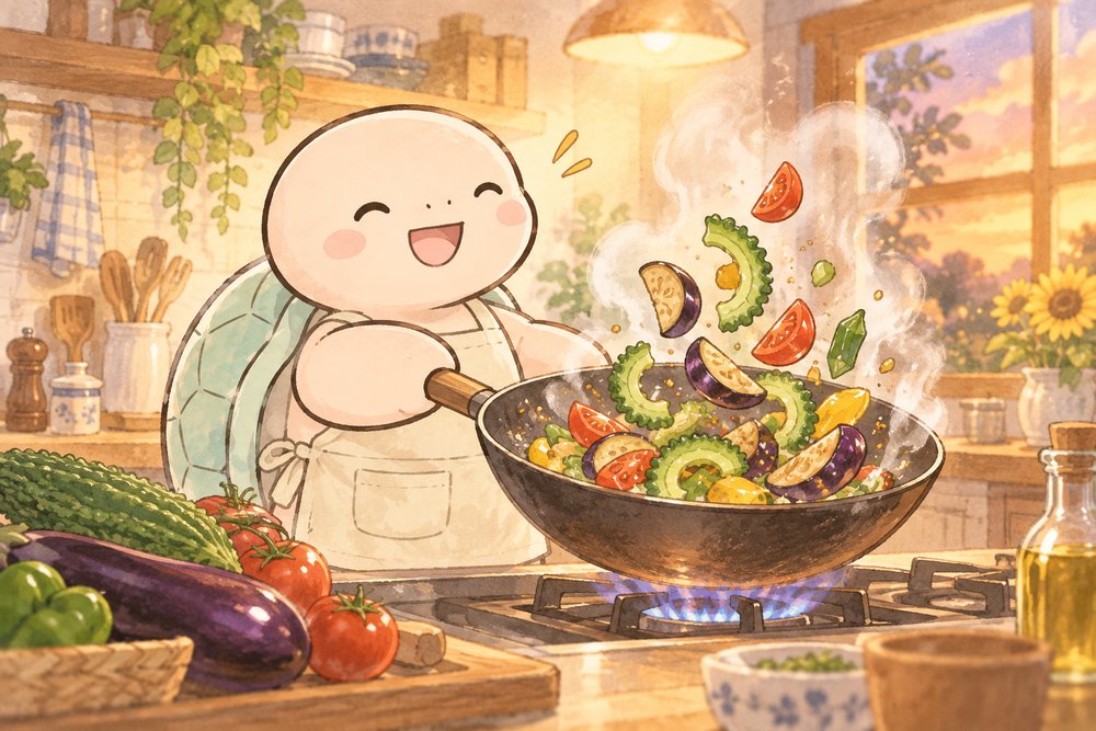 中華鍋で夏野菜を炒める亀のナビ助
