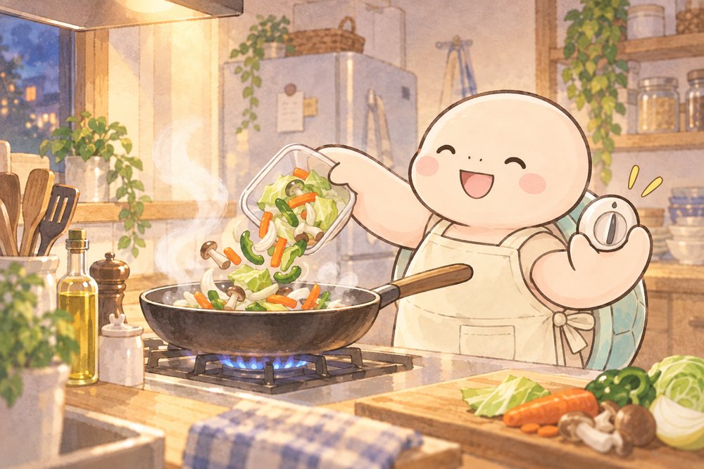 下ごしらえ済みの野菜で手早く炒め物を作る亀のナビ助