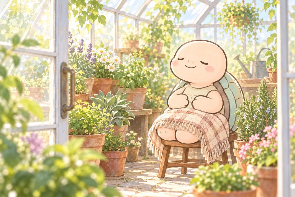 温室の薬草に囲まれておなかを温める亀のナビ助