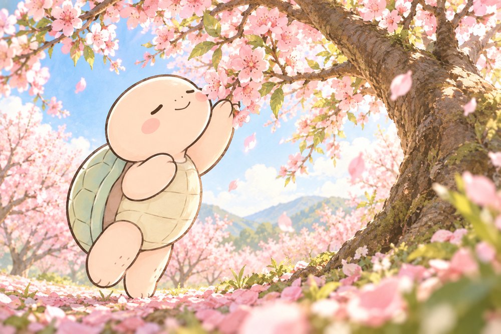 満開の桃の花の香りを楽しむ亀のナビ助