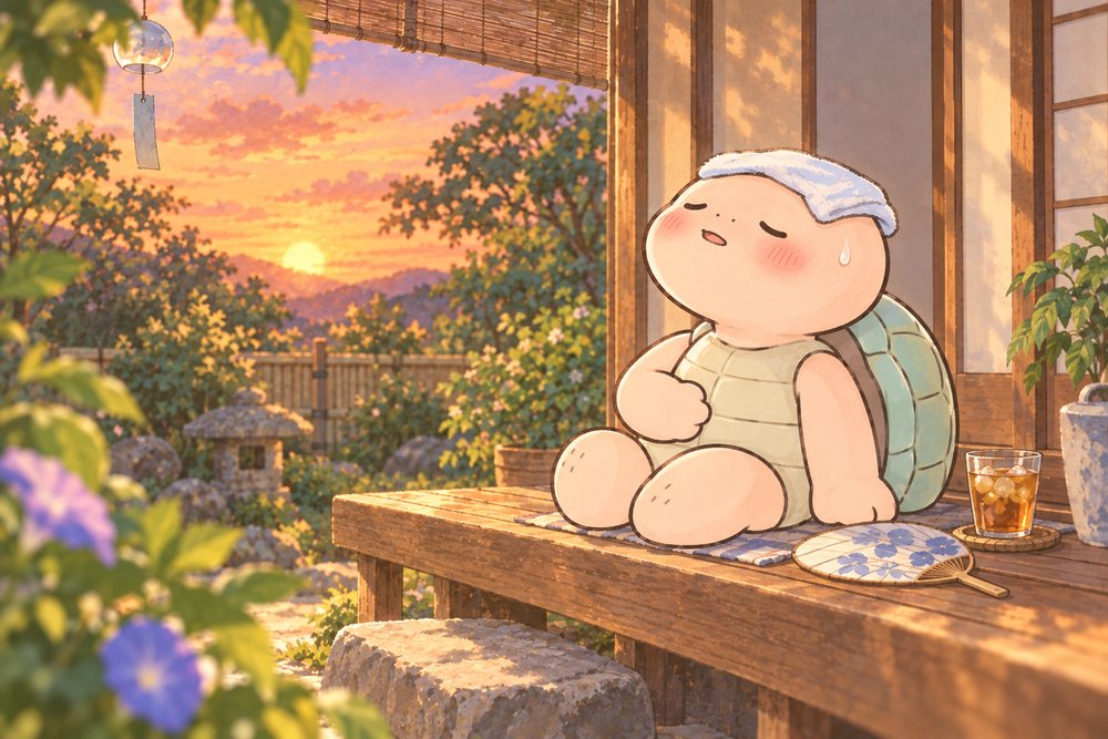 夕方の縁台でほてりを冷ましながら休む亀のナビ助