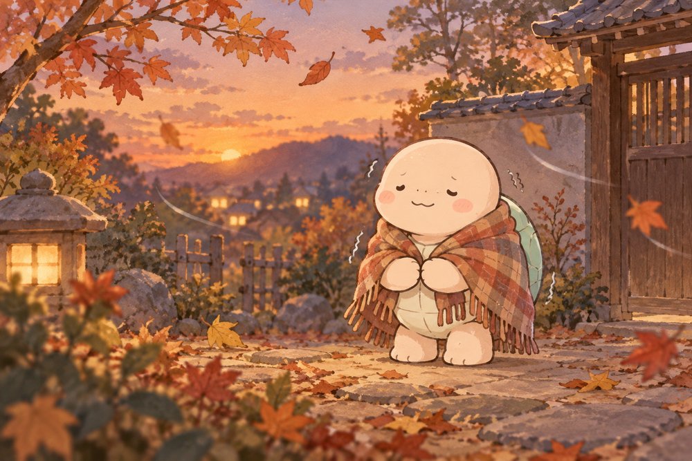 秋の夕方に寒そうにおなかをさする亀のナビ助