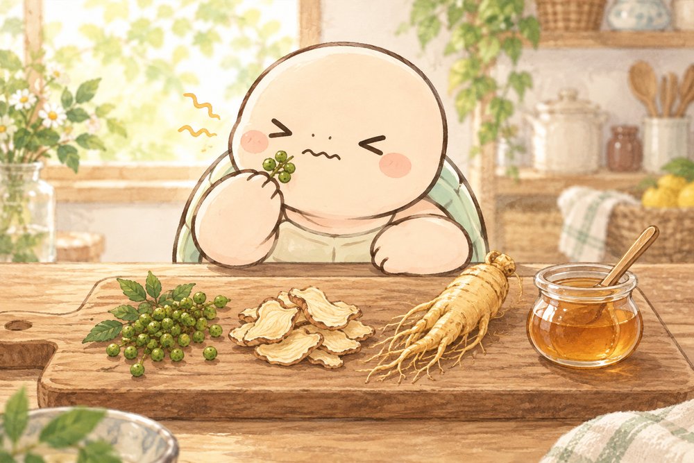 山椒やしょうがなど4つの生薬を前にピリッとする亀のナビ助