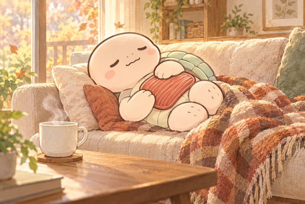 ソファでおなかに湯たんぽをのせて休む亀のナビ助