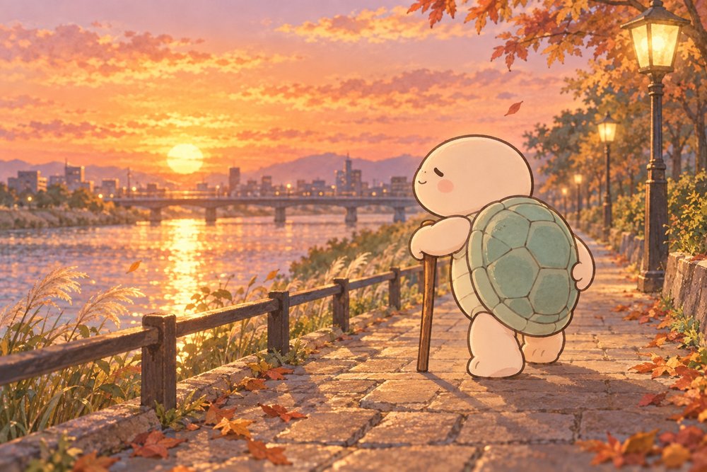 夕暮れの川沿いを杖をついて歩く亀のナビ助