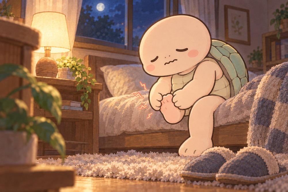 ベッドのはしでしびれる足先をもみほぐす亀のナビ助