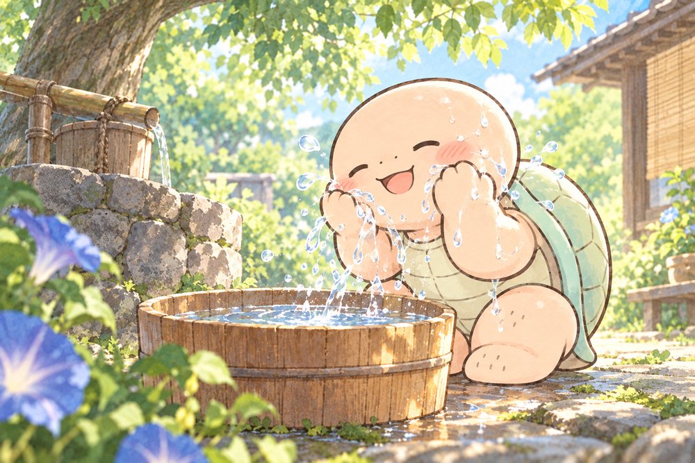 井戸水でほてった顔を冷やす亀のナビ助