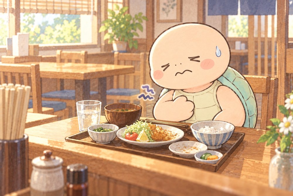 定食を前にみぞおちのつかえに困る亀のナビ助