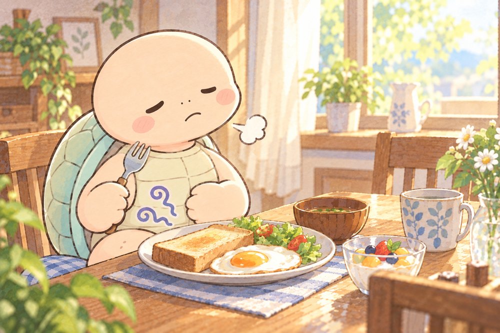 おなかがぐるぐるして朝食が進まない亀のナビ助
