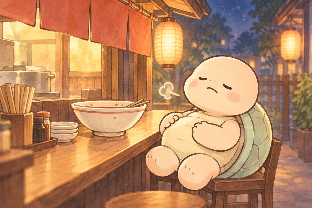 屋台で食べすぎて胃が重い亀のナビ助