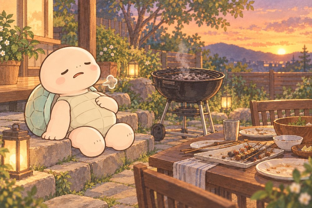 バーベキューのあと胃もたれでぐったりする亀のナビ助