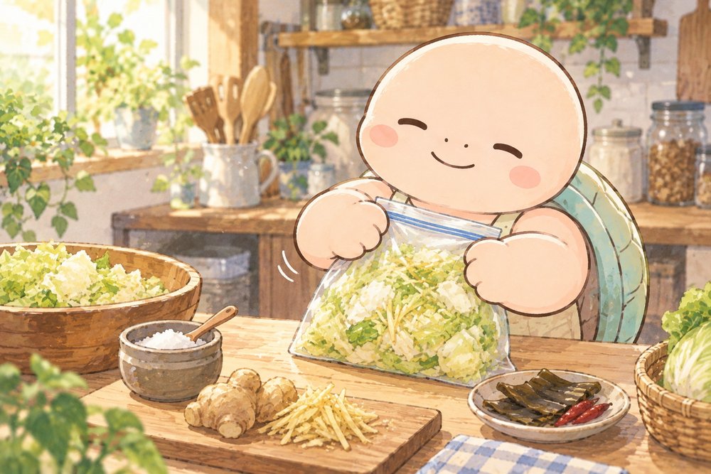 保存袋でキャベツの浅漬けを作る亀のナビ助