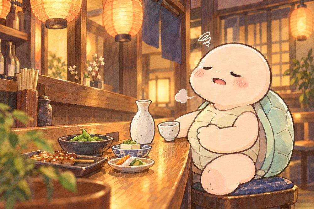 居酒屋のカウンターで飲みすぎておなかをさする亀のナビ助