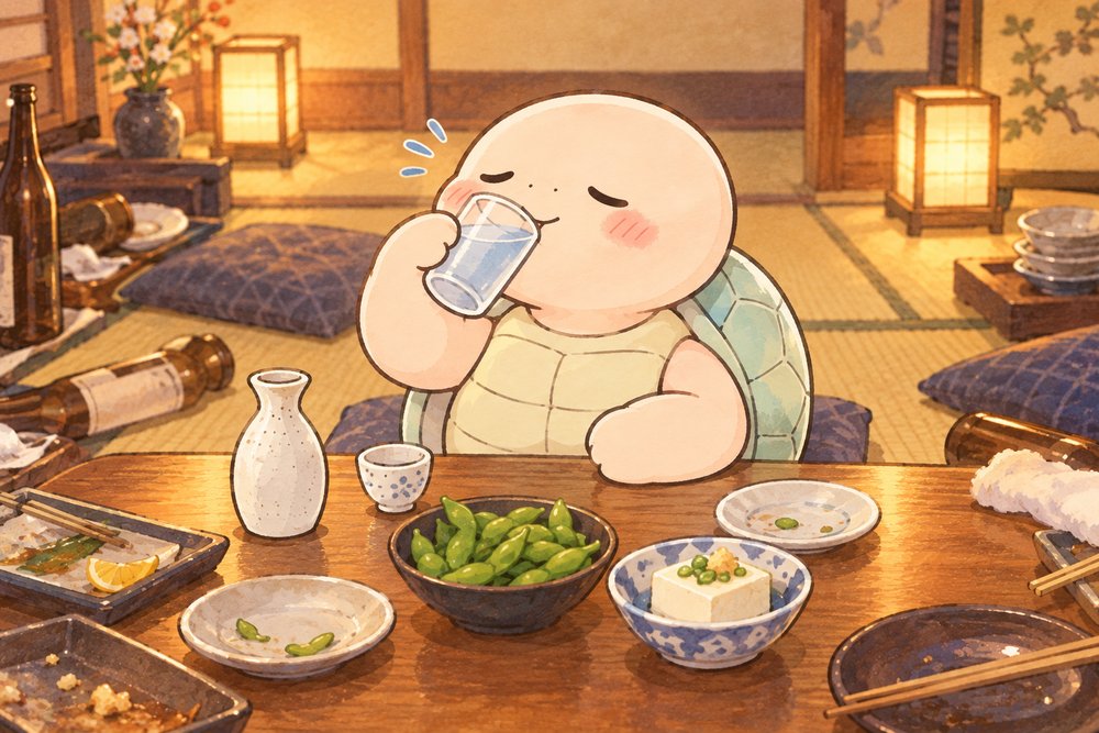 お酒の合間に水を飲む亀のナビ助