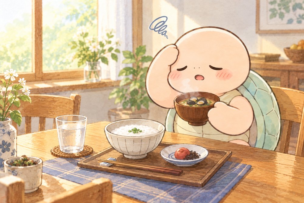 翌朝しじみのみそ汁を飲む亀のナビ助
