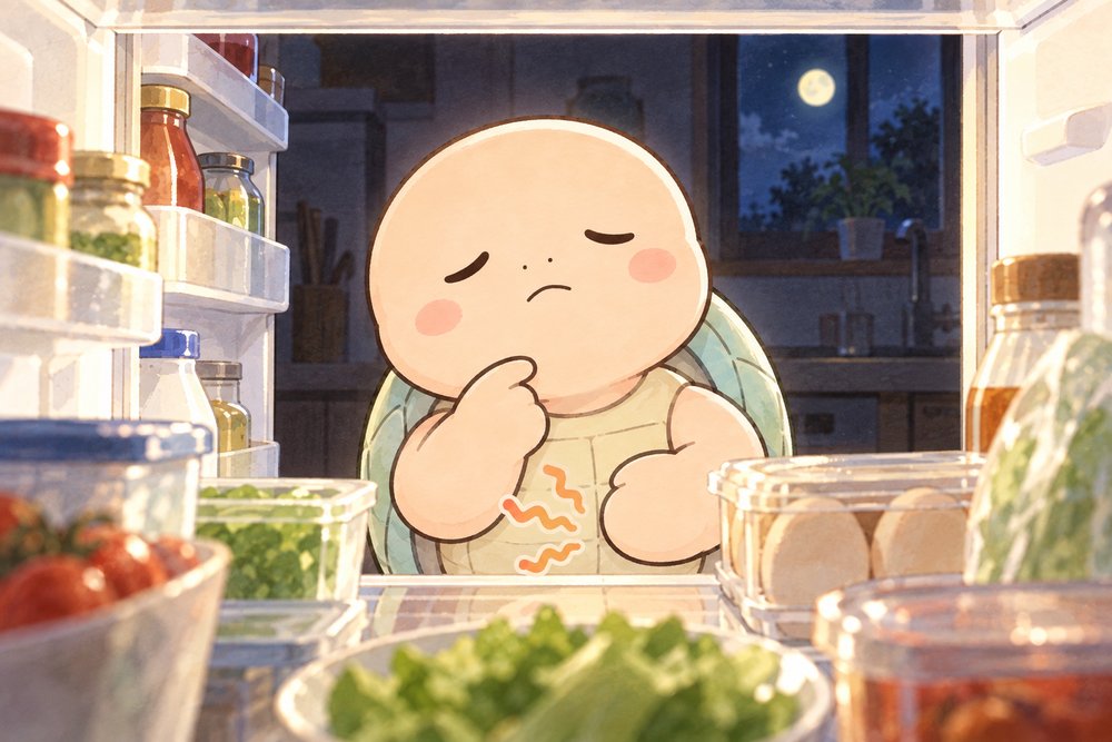 夜中に冷蔵庫をのぞいて何を食べるか考える亀のナビ助