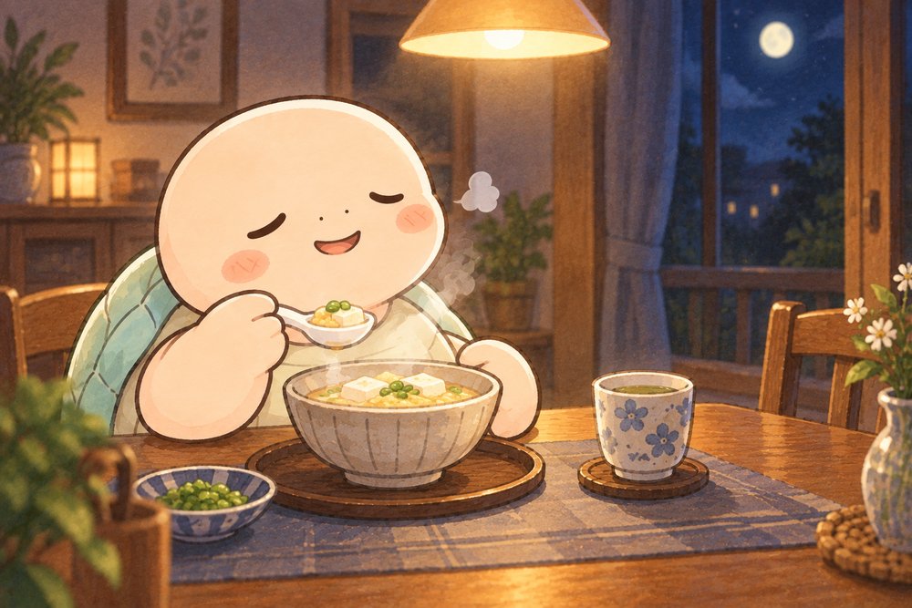 夜遅くにやさしいスープを味わう亀のナビ助