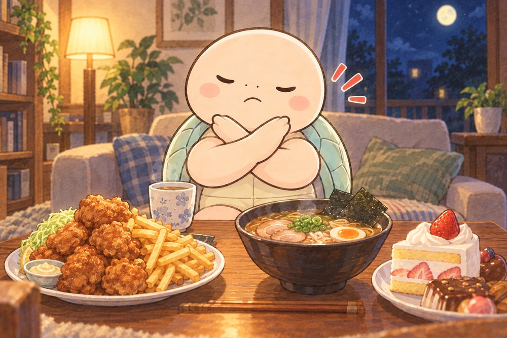 こってりした夜食にバツ印をする亀のナビ助