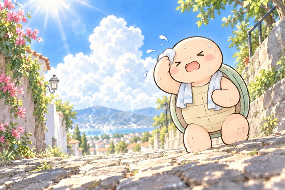 真夏の坂道でタオルで汗をぬぐう亀のナビ助