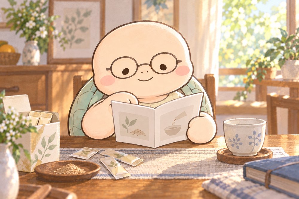 眼鏡をかけて説明書を慎重に読む亀のナビ助