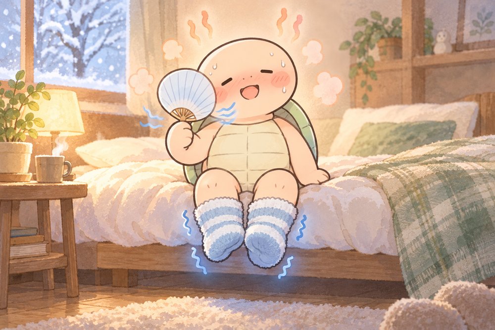 顔はほてるのに足元が冷えてふるえる亀のナビ助