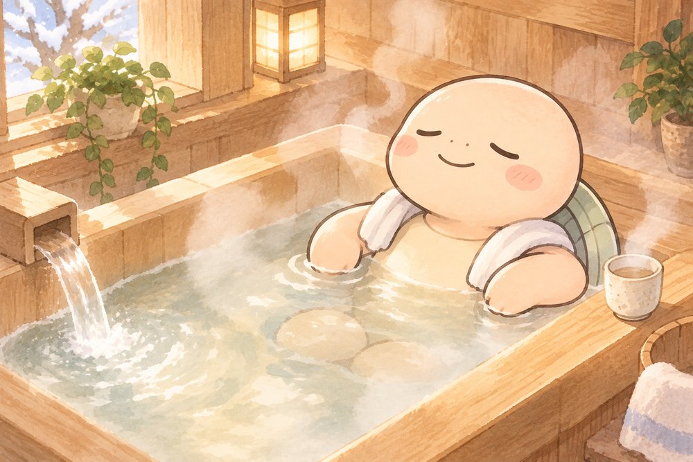 ぬるめのお湯で半身浴をする亀のナビ助