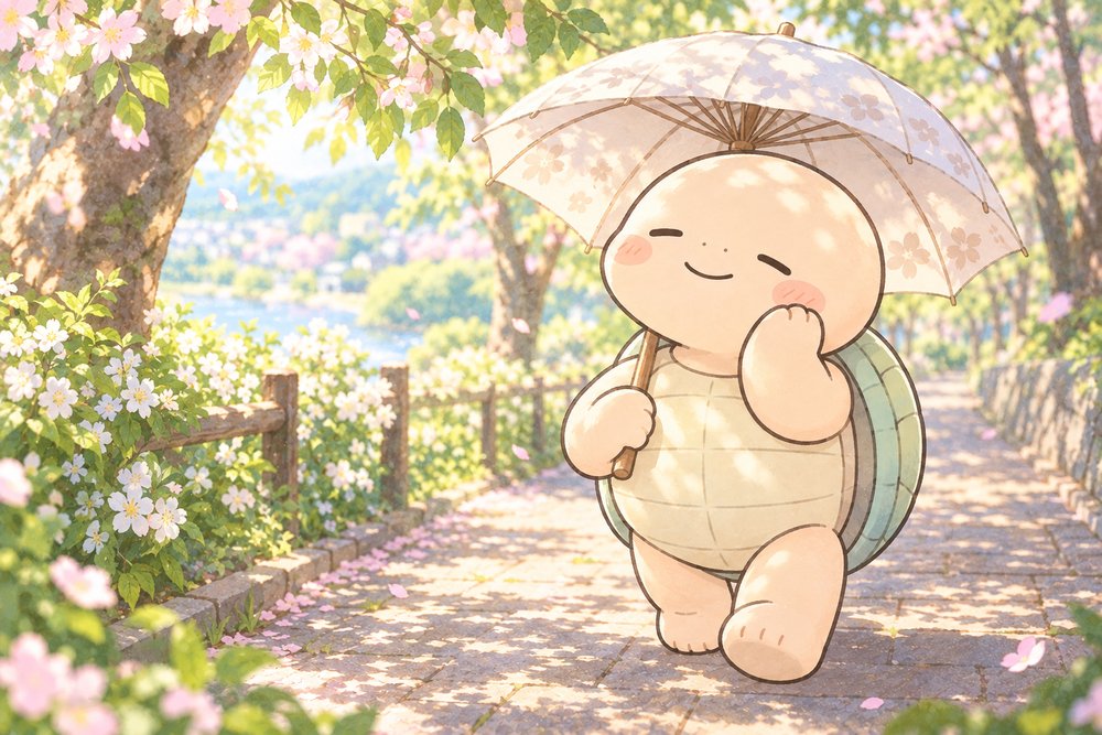 日傘をさして木陰の並木道を歩く亀のナビ助