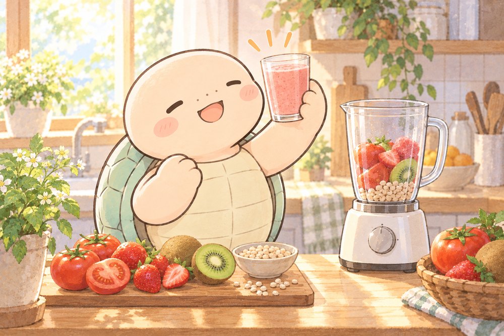 トマトやいちごのスムージーを作って喜ぶ亀のナビ助