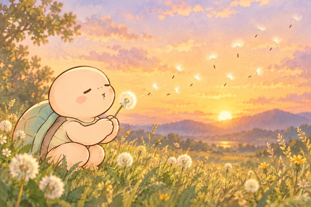 夕暮れの野原でたんぽぽの綿毛を吹く亀のナビ助
