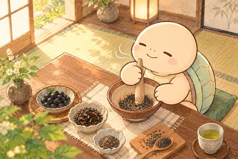 すり鉢で黒ごまをする亀のナビ助