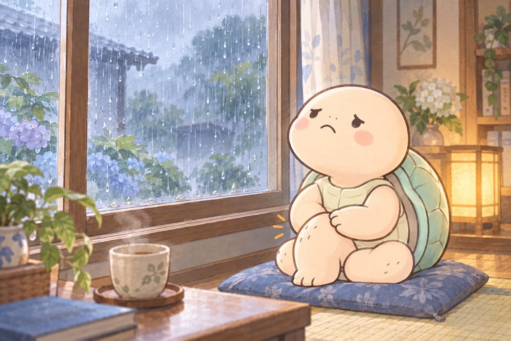 雨の日にひざをさすりながら窓の外を見る亀のナビ助