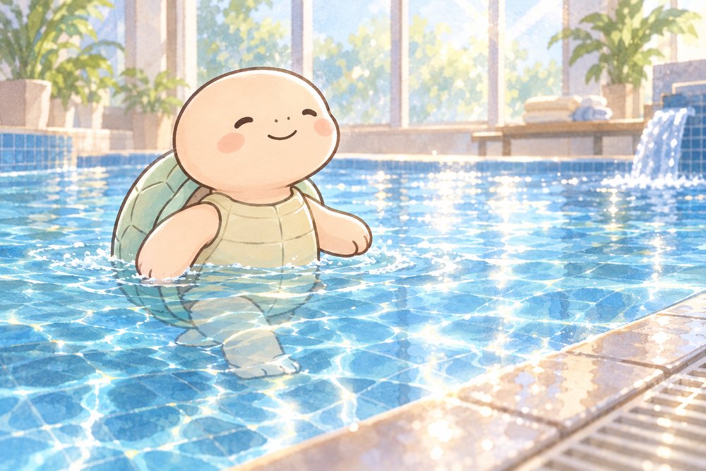 温水プールで水中ウォーキングをする亀のナビ助