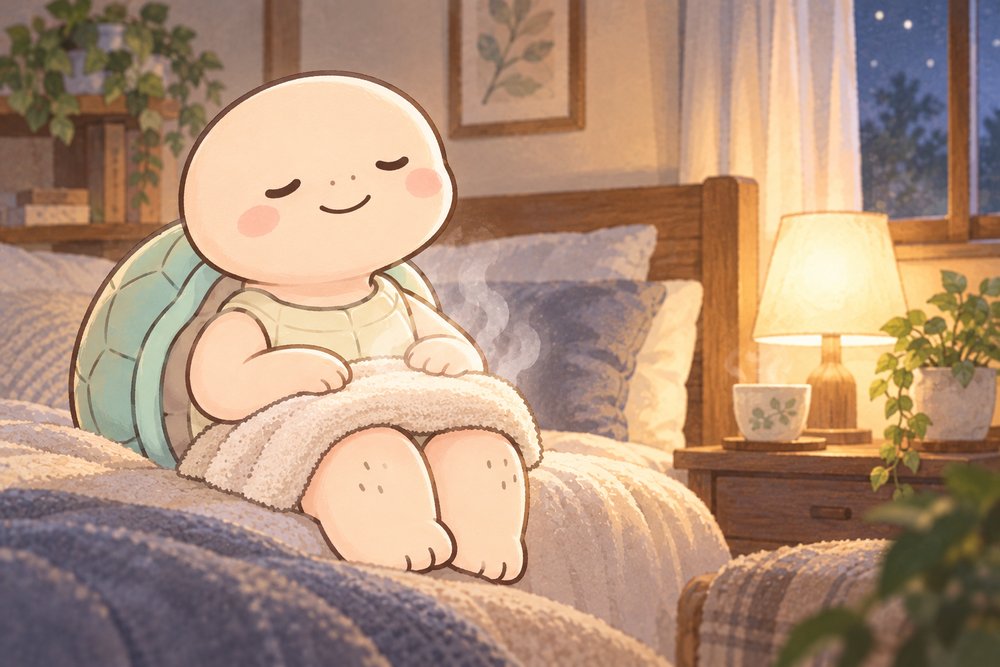 温かいタオルでひざを温める亀のナビ助