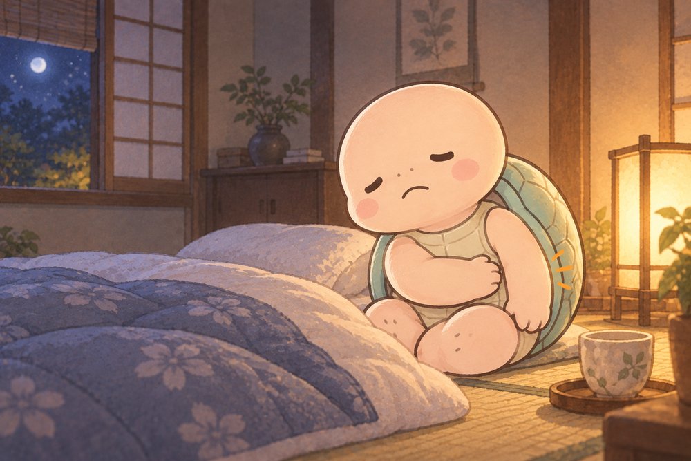 ふとんの横で脇腹を押さえていたわる亀のナビ助