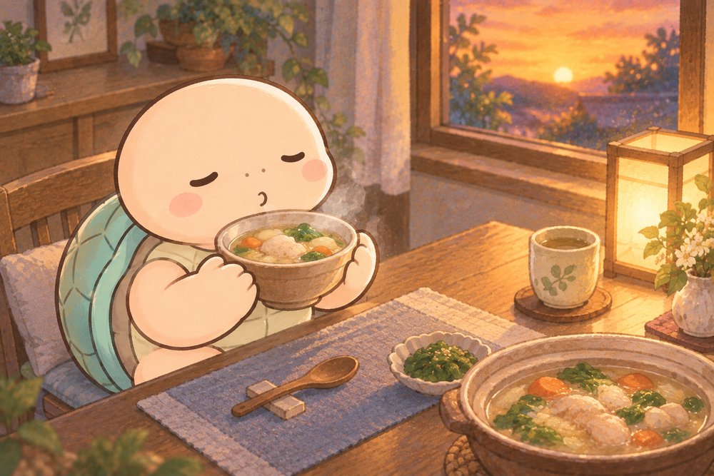 具だくさんの温かいスープで体を温める亀のナビ助