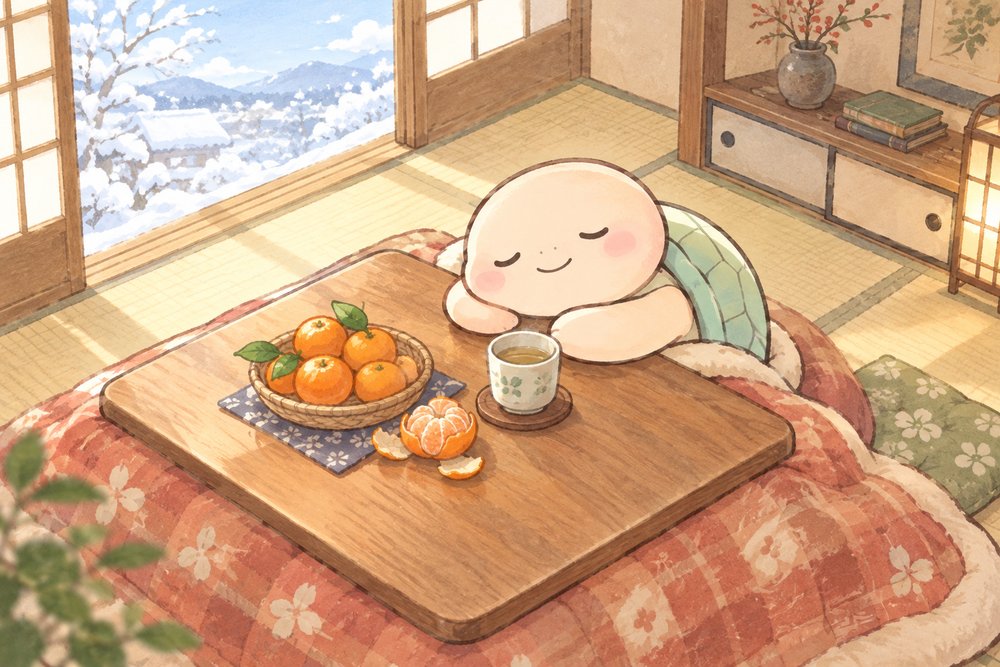 こたつで無理せずのんびり休む亀のナビ助