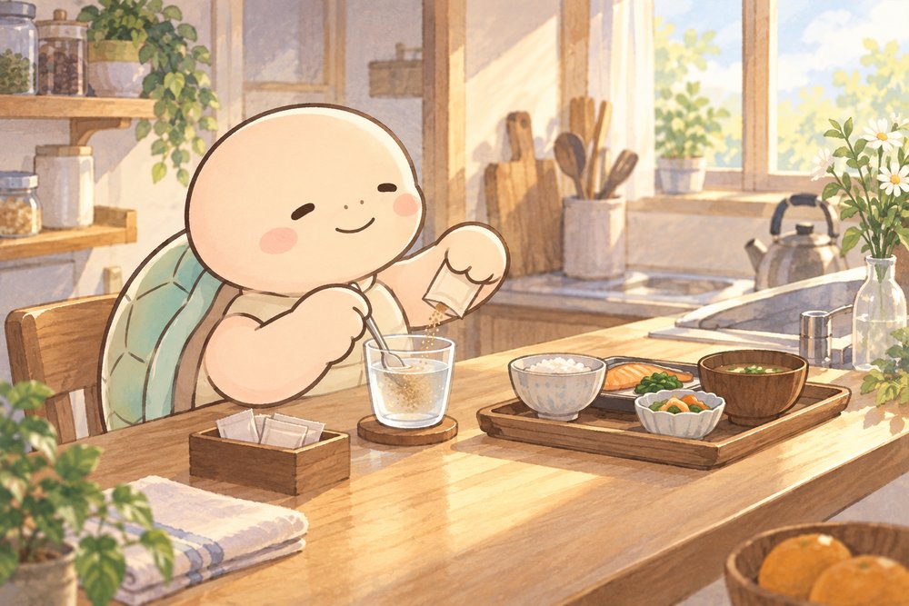 食前に顆粒の漢方を白湯に溶かす亀のナビ助