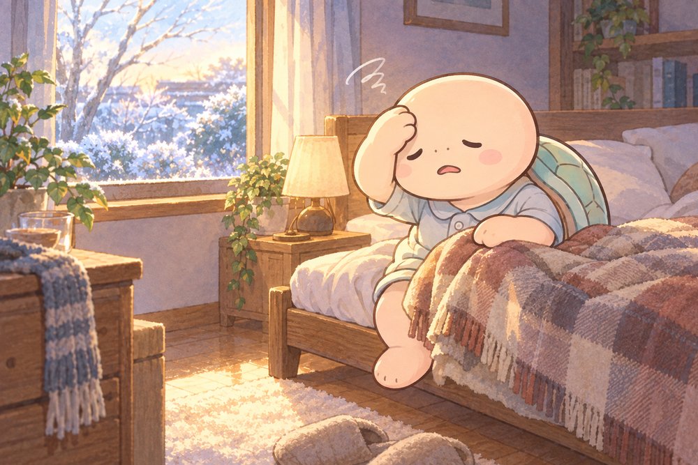 寒い朝に起きあがってふらつく亀のナビ助