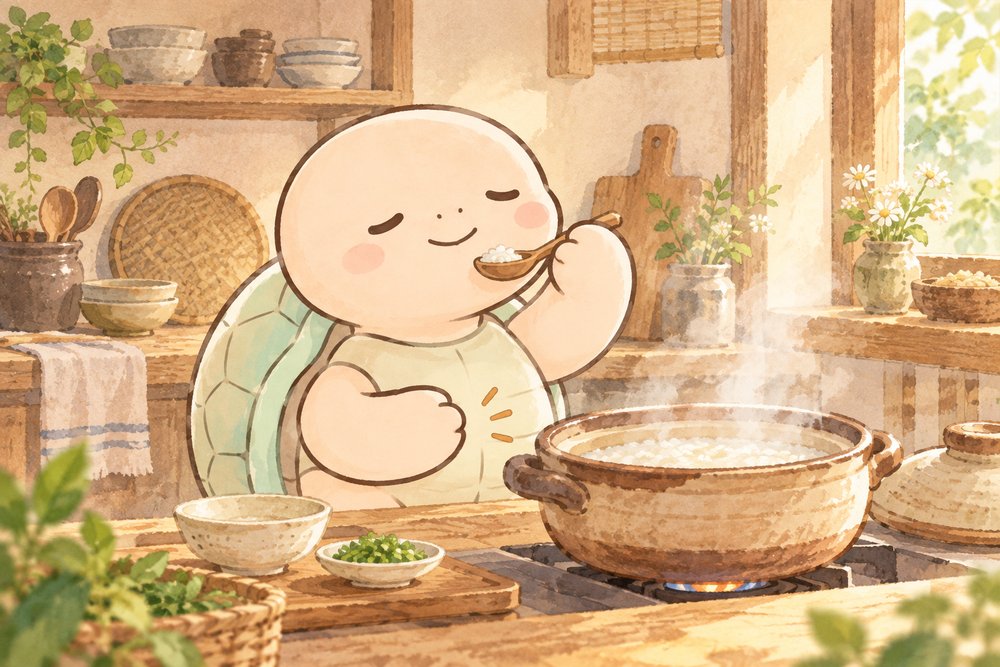 土鍋でおかゆを煮て味見する亀のナビ助