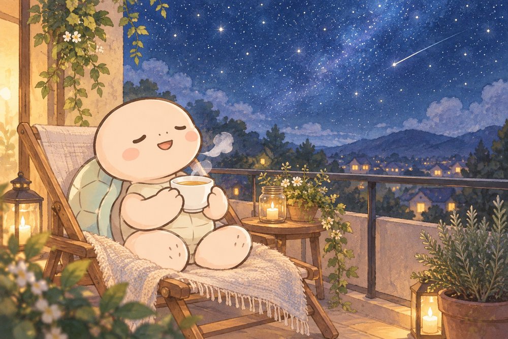 星空のベランダで漢方を手にくつろぐ亀のナビ助