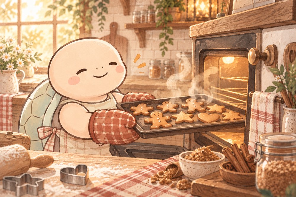 焼きたてのしょうがクッキーをオーブンから出す亀のナビ助