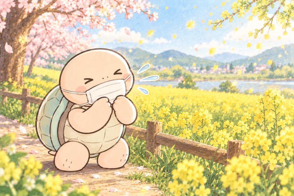 菜の花畑でマスク姿でくしゃみをする亀のナビ助