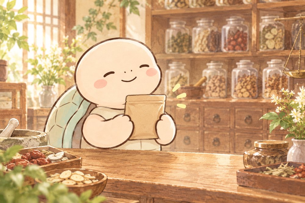 漢方の袋を受け取ってにっこりする亀のナビ助